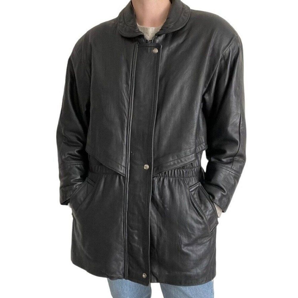 Vintage Womens Saxon Leather Black Mid Length Coat Jacket Made in Canada Sz L
